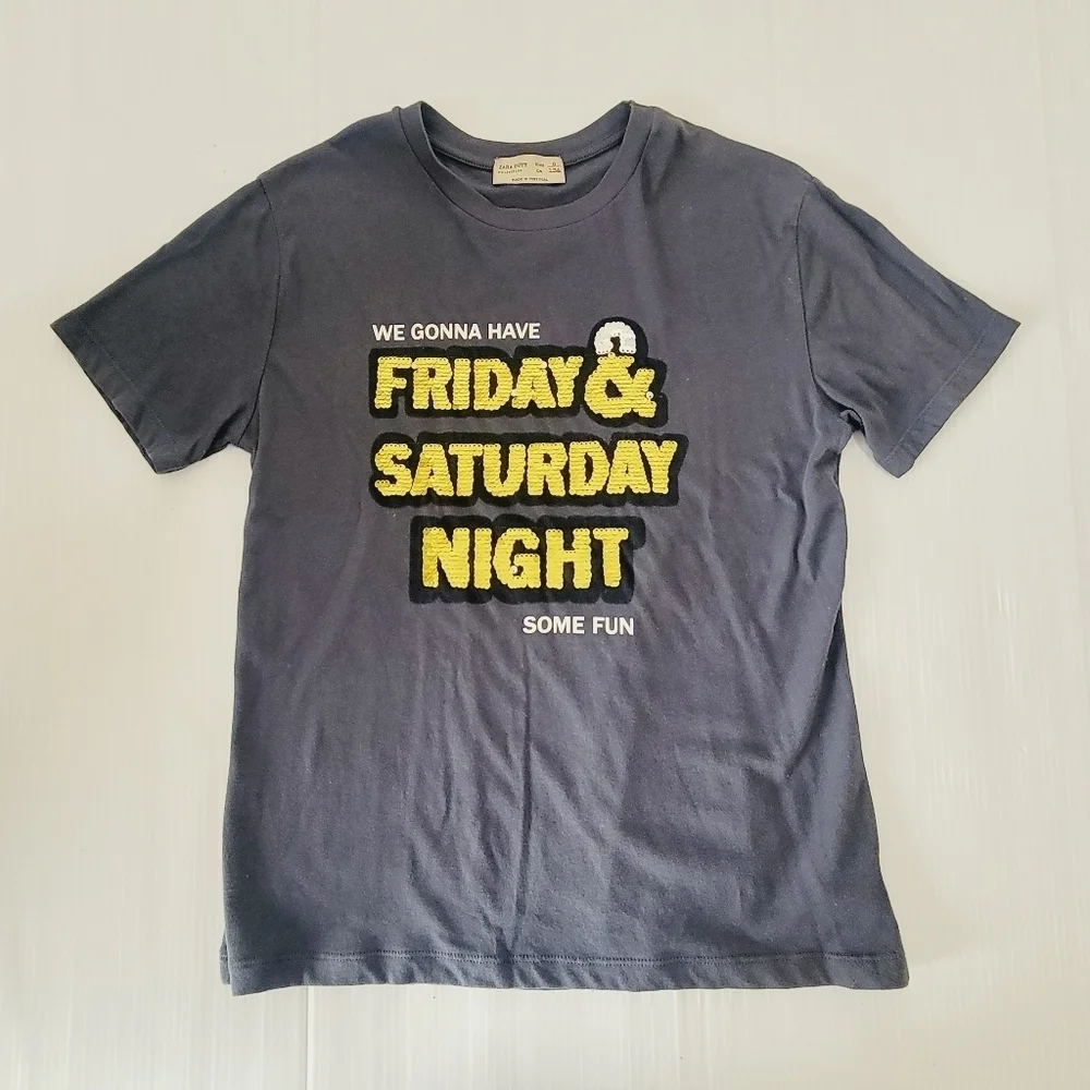 Zara Boys Sequined Weekend Navy Tee Shirt Size M 8